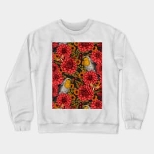 Robins in the autumn garden, red dahlias on black Crewneck Sweatshirt